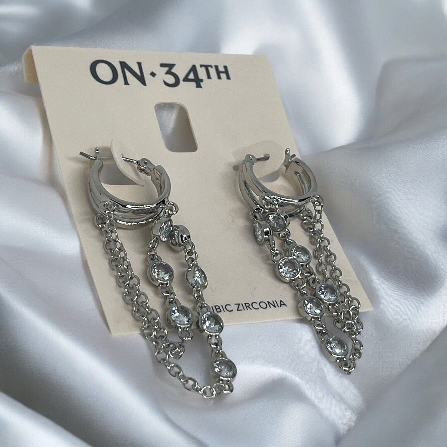 Silver Tone CZ Chain Drop Earrings Statement Chic Stunning Trendy Fashion Style