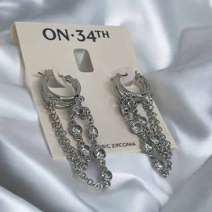 Silver Tone CZ Chain Drop Earrings Statement Chic Stunning Trendy Fashion Style