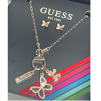 Guess Silver Tone Butterfly Charm Necklace Earrings (3pc Set) Trendy Style Vday