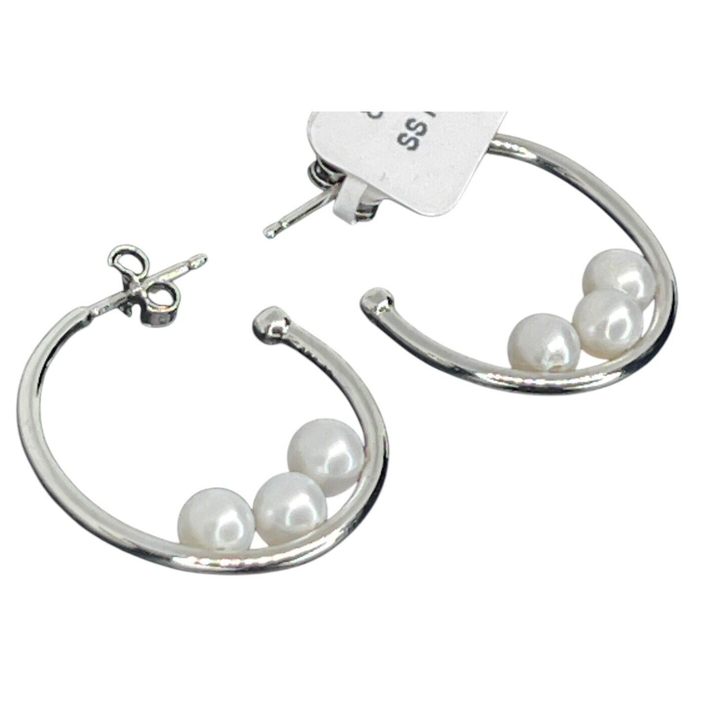 Pearl (4mm) Sterling Silver Hoop Earrings Stunning Stylish Luxury Trendy Fashion