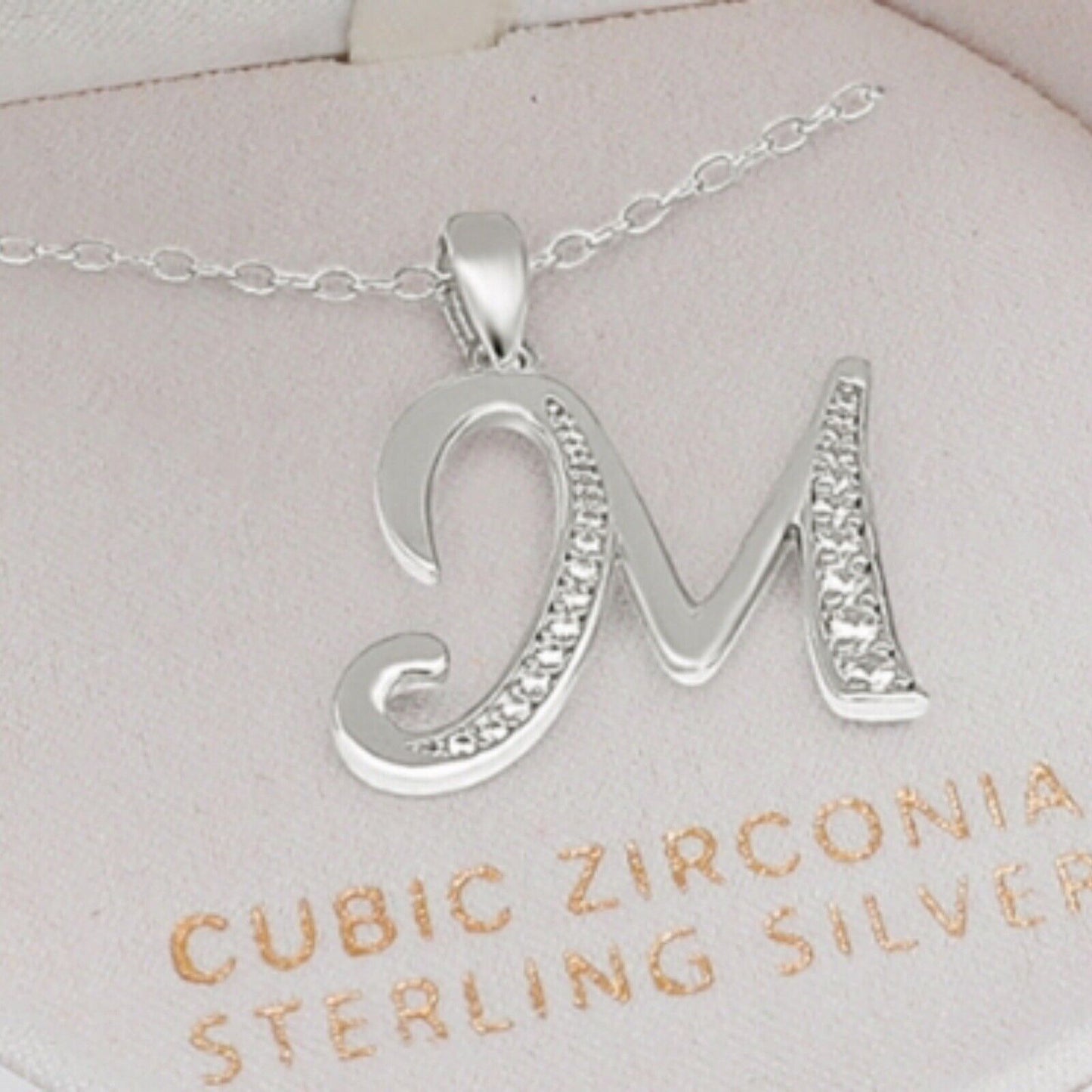 Sterling Silver 'M' Initial Necklace CZ Chic Elegant Holiday Xmas Ornament NWT