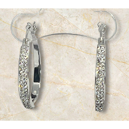 Silver Plated Pave Crystal Hoop Earrings Stunning Fashion Glitz Stylish Elegant