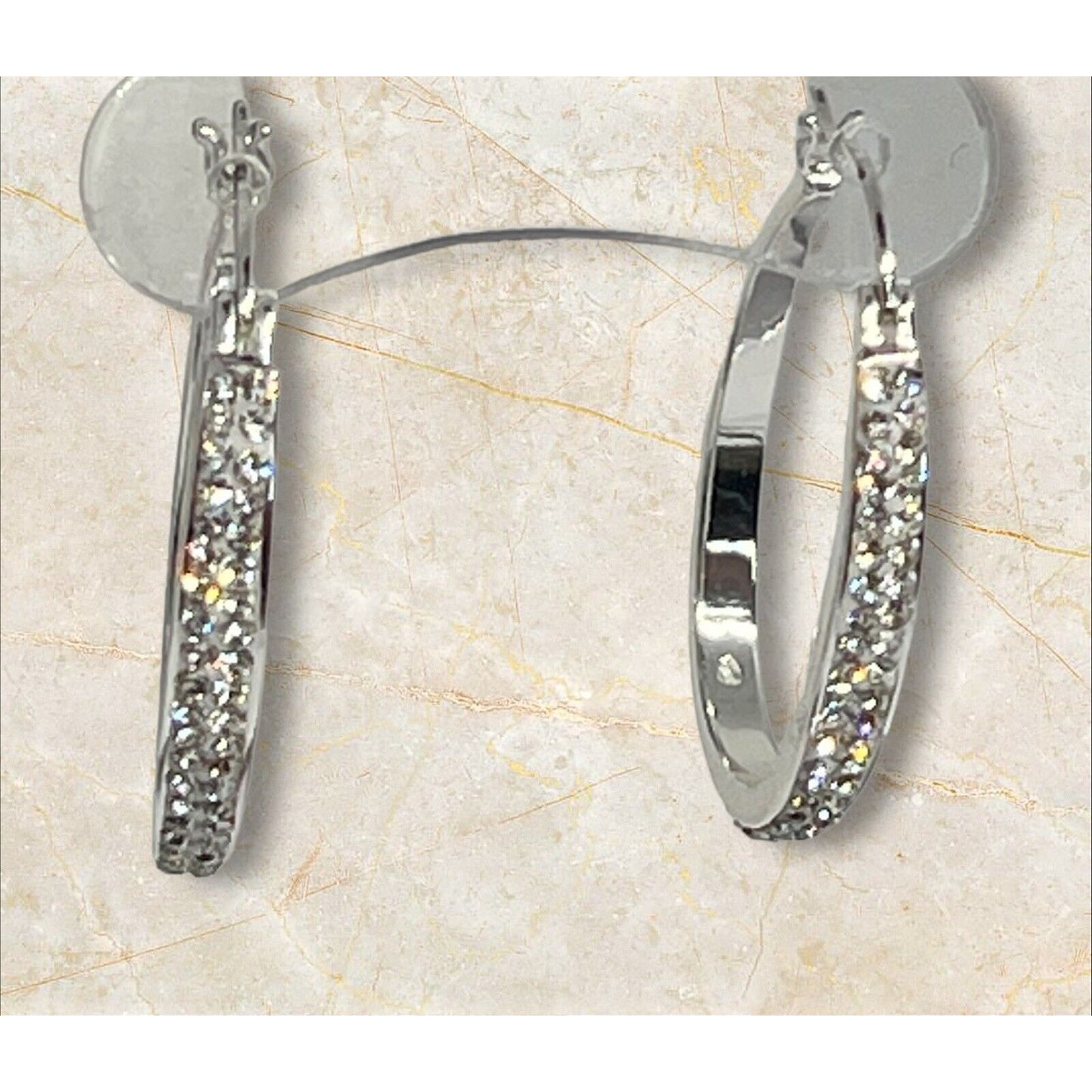 Silver Plated Pave Crystal Hoop Earrings Stunning Fashion Glitz Stylish Elegant