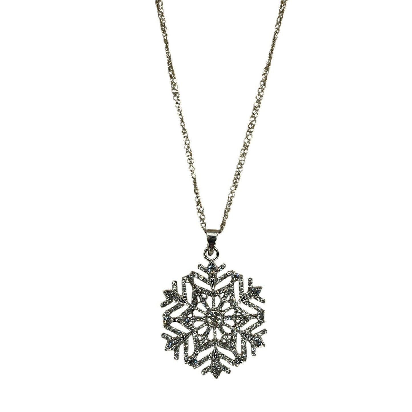 Silver Tone Crystal Snowflake Pendant Necklace 36” Christmas Holiday Stunning