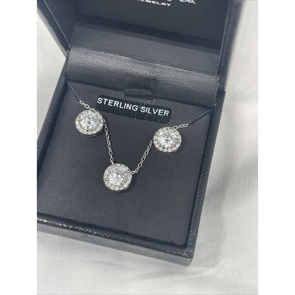 Sterling Silver CZ Halo Necklace Earrings (2pc Set) Stunning Chic Trendy Fashion