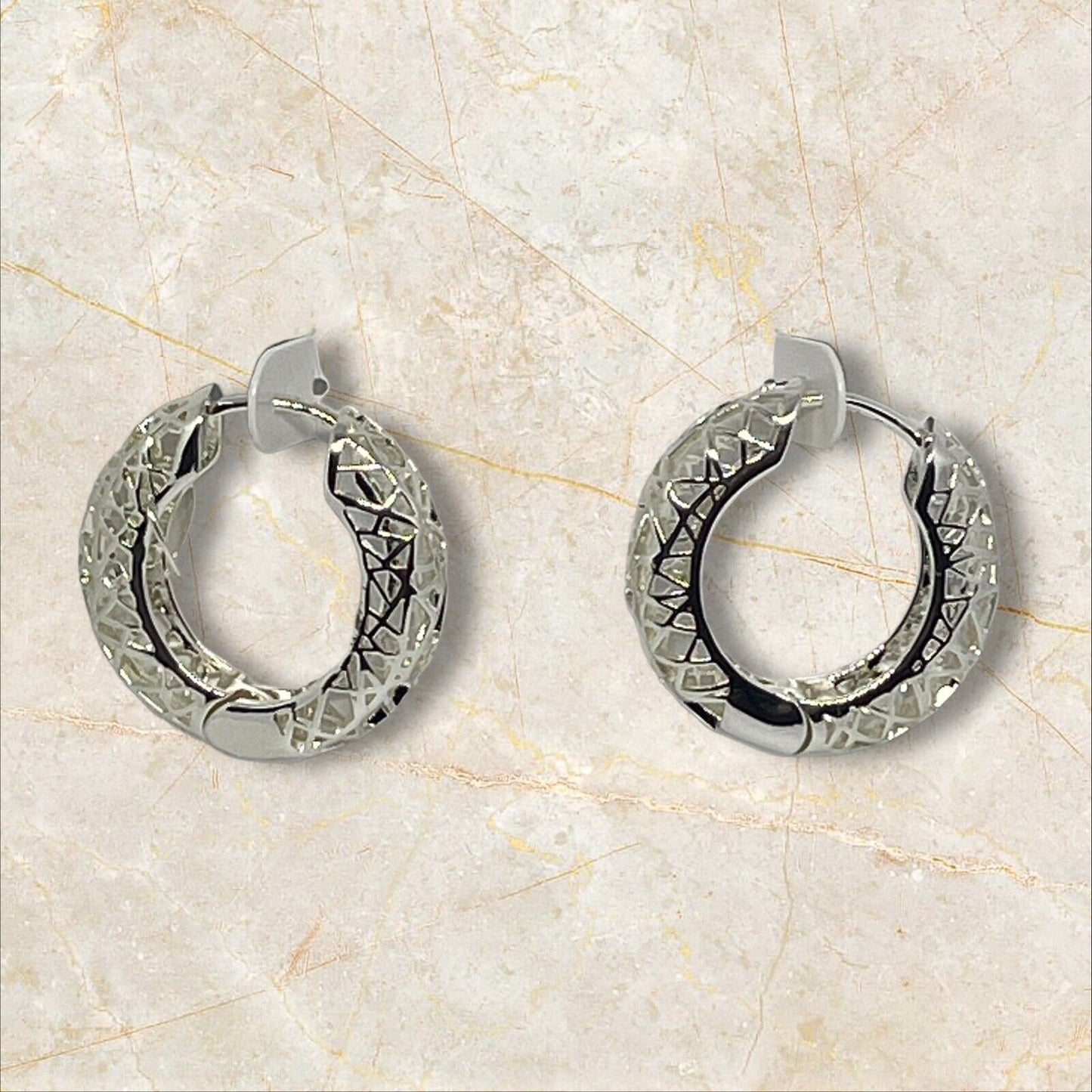 Essentials Silver Plated Filigree Hoop Earrings Open Work Stunning Style Trendy