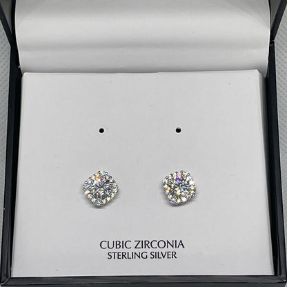 Sterling Silver Halo CZ Stud Earrings Glitz Fashion Chic Style Trendy Shiny NWT