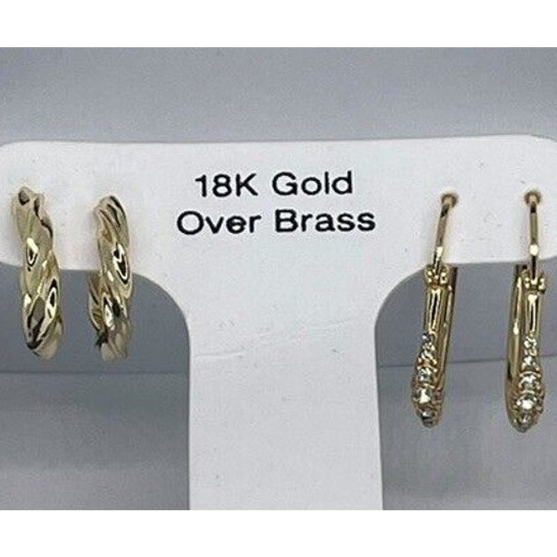 18K Gold Plate Crystal Hoop Earrings (2pc Set) Chic Fashion Trendy Stylish Vday