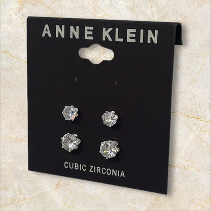 Anne Klein Silver Tone CZ Stud Earrings (2pc Set) Fashion Glitz Trendy Style NWT