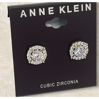 Anne Klein Silver Tone Elevated CZ Stud Earrings Stunning Shiny Glitz Style NWT