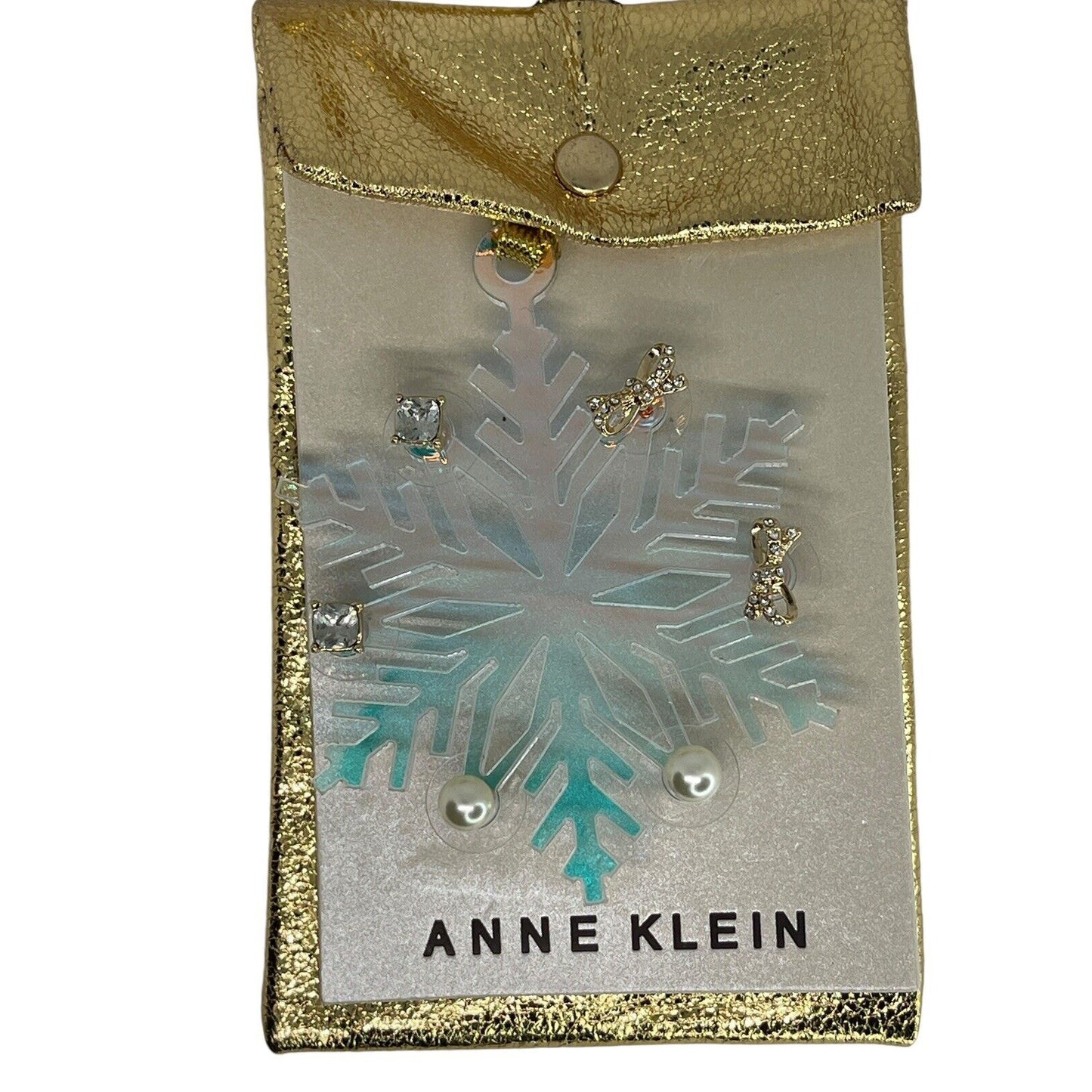 Anne Klein Xmas Gold Tone Earrings 3pc Set Snowflake Ornament Faux Pearl Bow NWT