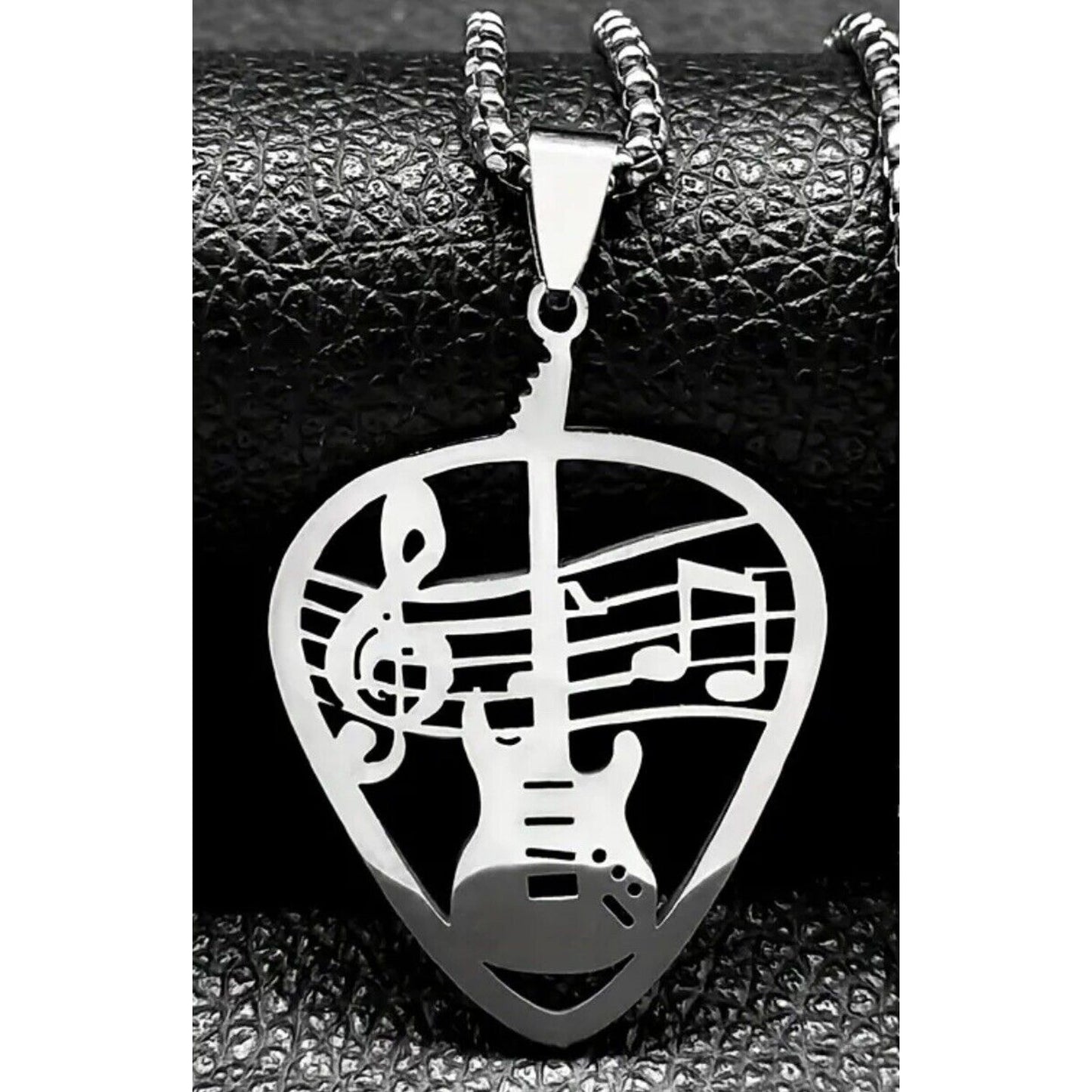 Silver Tone Stainless Steel Guitar Pendant Necklace Music Fashion Style Unisex