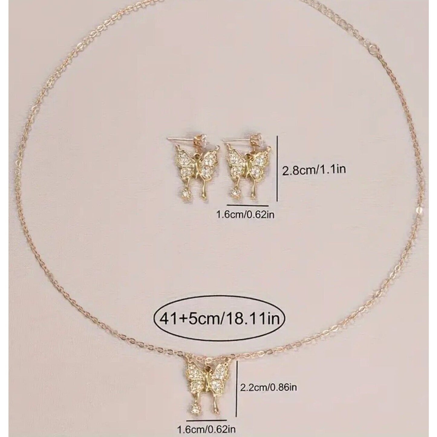 Gold Tone Crystal Butterfly Charm Necklace Earrings (2pc Set) Chic Trendy Style