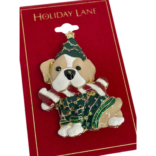 Gold Tone Puppy Xmas Tree Brooch Crystal Christmas Holiday Winter Fashion NWT