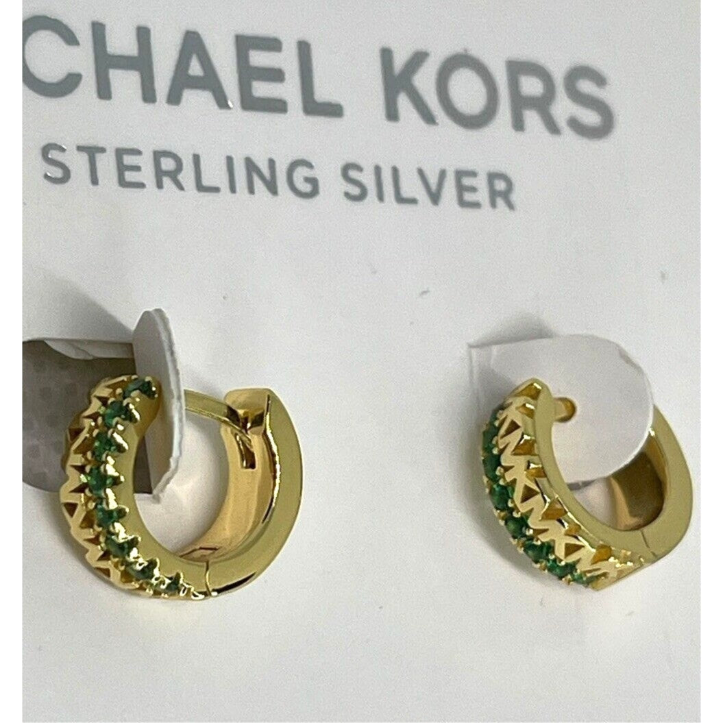 Michael Kors 14K Gold Vermeil Crystal Hoop Earrings MK Logo Luxury Trendy Chic