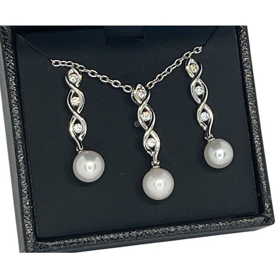 Sterling Silver Pearl (7mm) Necklace Earrings (2pc Set) CZ Trendy Luxury Vday