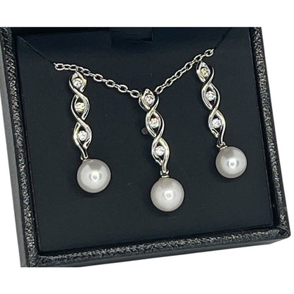 Sterling Silver Pearl (7mm) Necklace Earrings (2pc Set) CZ Trendy Luxury Vday