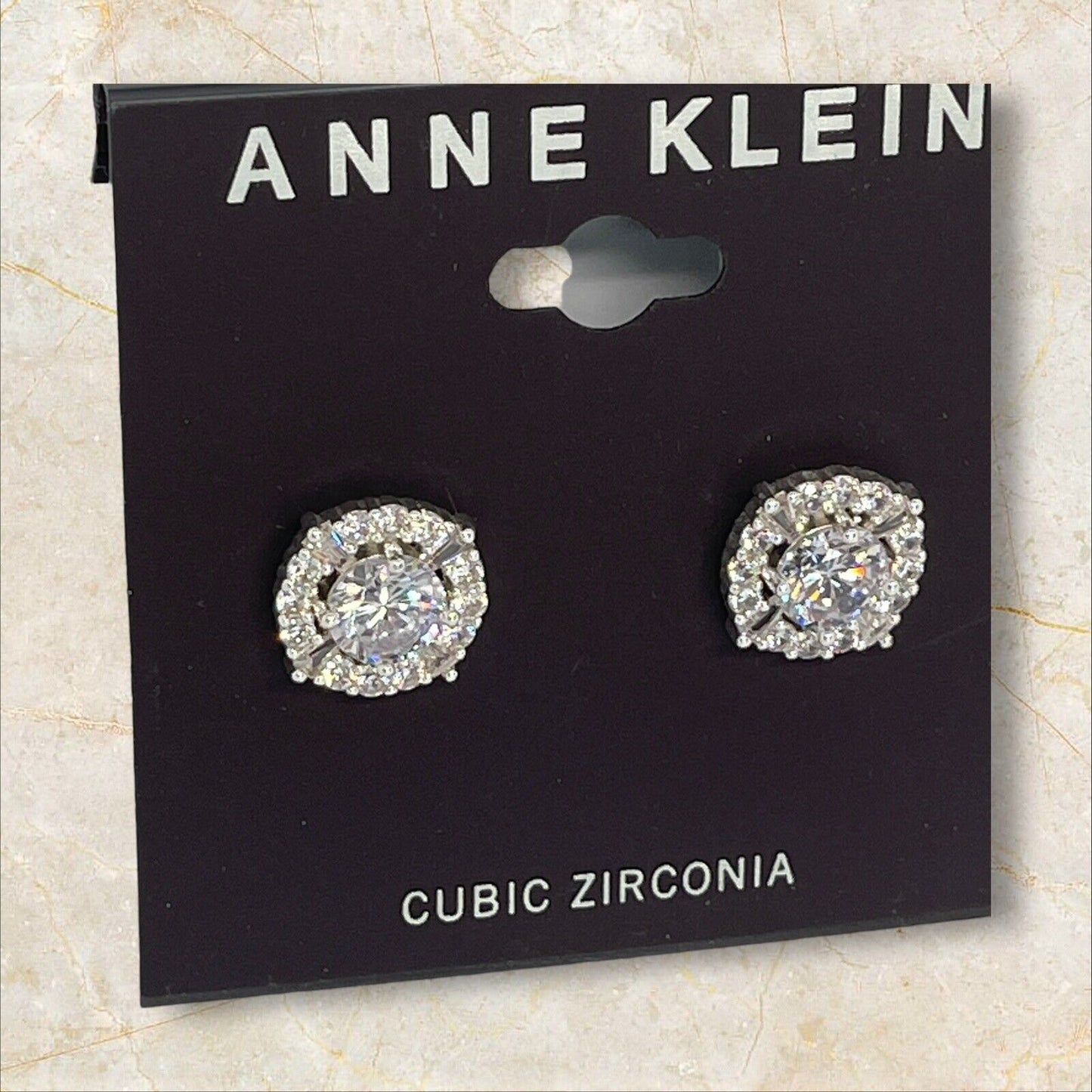 Anne Klein Silver Tone Elevated CZ Stud Earrings Stunning Shiny Glitz Style NWT