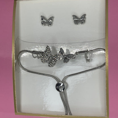 Guess Silver Tone Butterfly Bracelet Earrings (2pc Set) Fashion Chic Trendy Vday