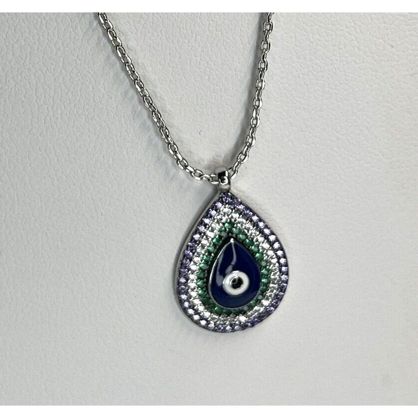 Silver Plated CZ Evil Eye Necklace Intricate Teardrop Style Trendy Stunning Chic