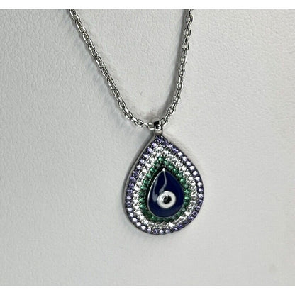 Silver Plated CZ Evil Eye Necklace Intricate Teardrop Style Trendy Stunning Chic