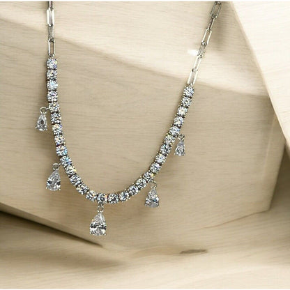 Sterling Silver Stunning CZ Collar Necklace Elegant Style Shiny Chic Dangle NWT