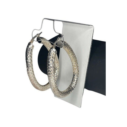 Sterling Silver Textured Oval Hoop Earrings Elegant Statement Stunning Fashion