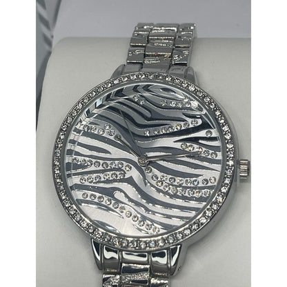 Silver Tone Crystal Bracelet Watch Zebra Print Stunning Chic Trendy Fashion Vday