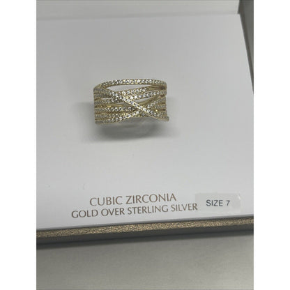 18K Gold Vemeil CZ Ring Crossover (Sz 7) Chic Trendy Fashion Stunning Style NWT