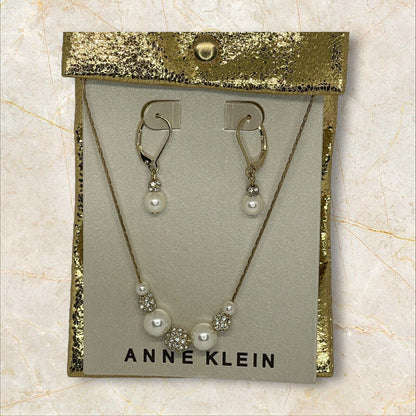 Anne Klein Intricate Faux Pearl Necklace Earrings 2 Pc Set Crystal Gold Tone NWT