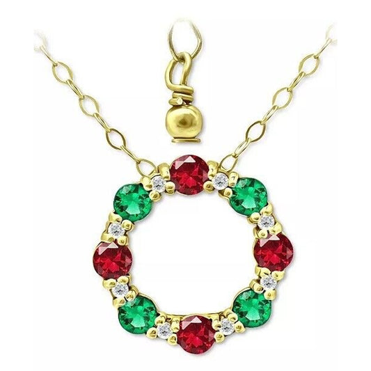 18K Gold Over Sterling Silver Lab Ruby Necklace Xmas Style Chic Holidays Wreath