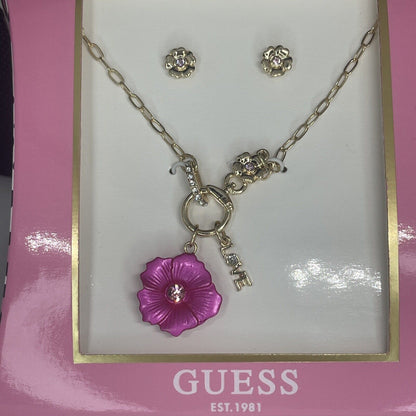 Guess Gold Tone Crystal Necklace Earrings (2pc Set) Floral Trendy Fashion Vday