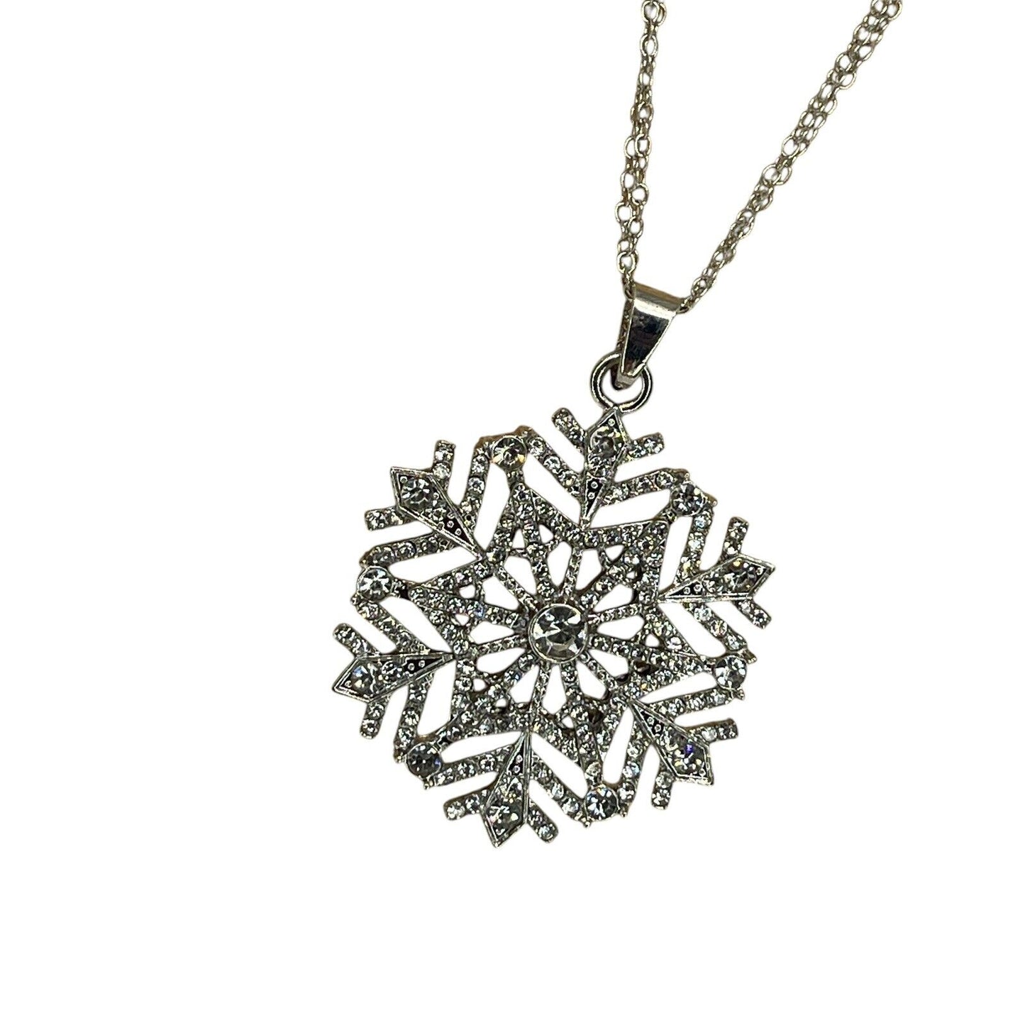 Silver Tone Crystal Snowflake Pendant Necklace 36” Christmas Holiday Stunning