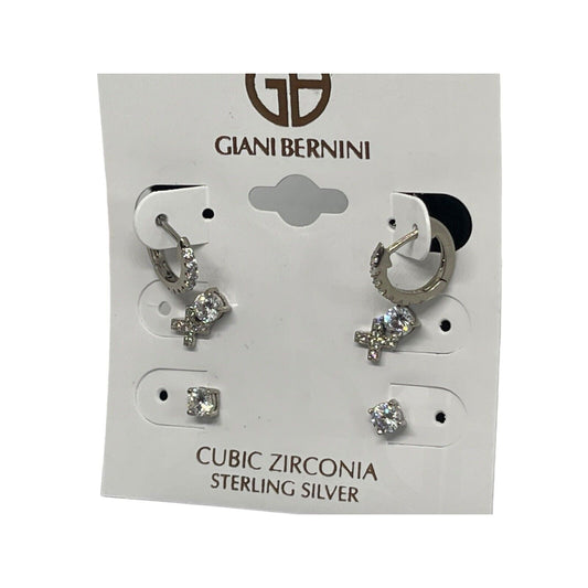 Sterling Silver CZ Earrings (3pc Set) Cross Hoop Stud Everyday Wear Chic Trendy