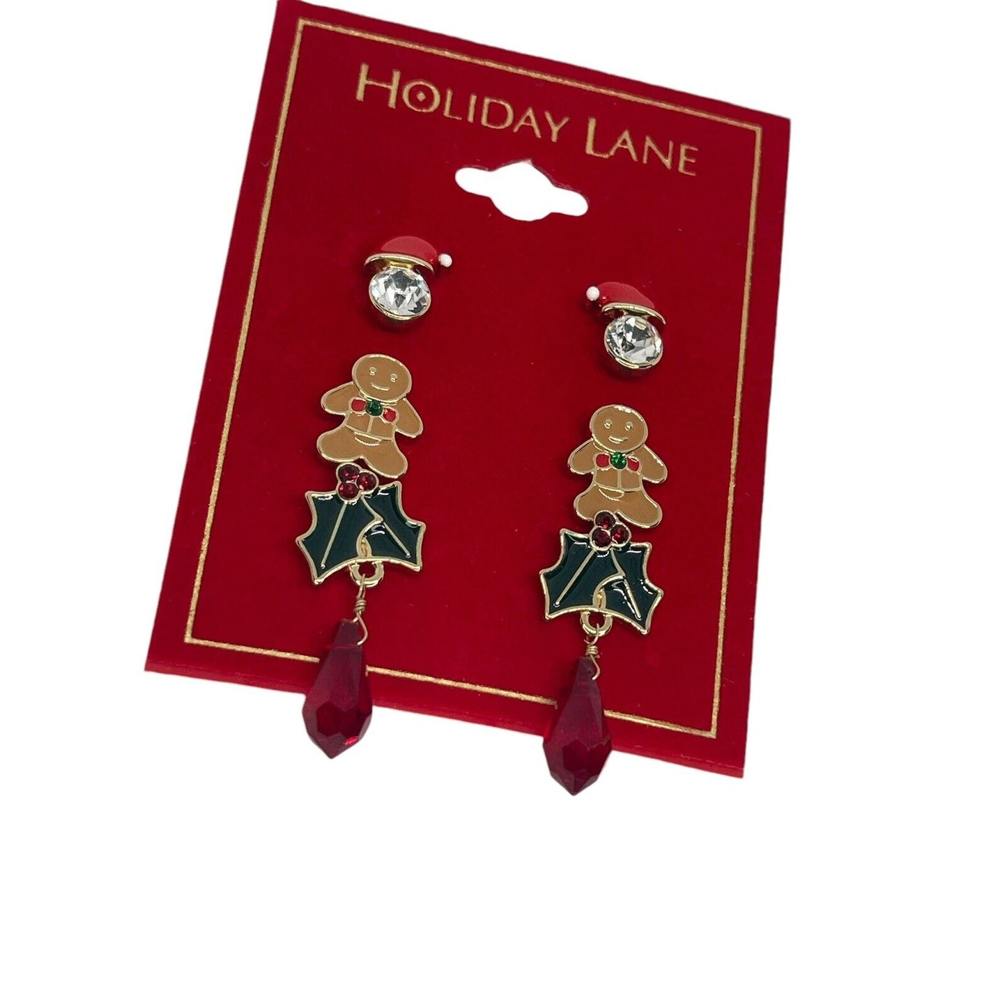 Gold Tone Xmas Crystal Earrings 3pc Set Gingerbread Man Santa Christmas Holidays