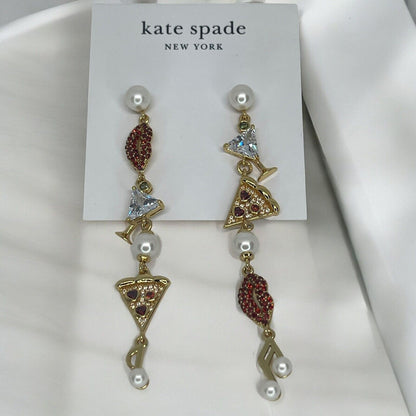 Kate Spade Faux Pearl Hit The Town Earrings Gold Tone CZ Linear Chic Trendy NWT