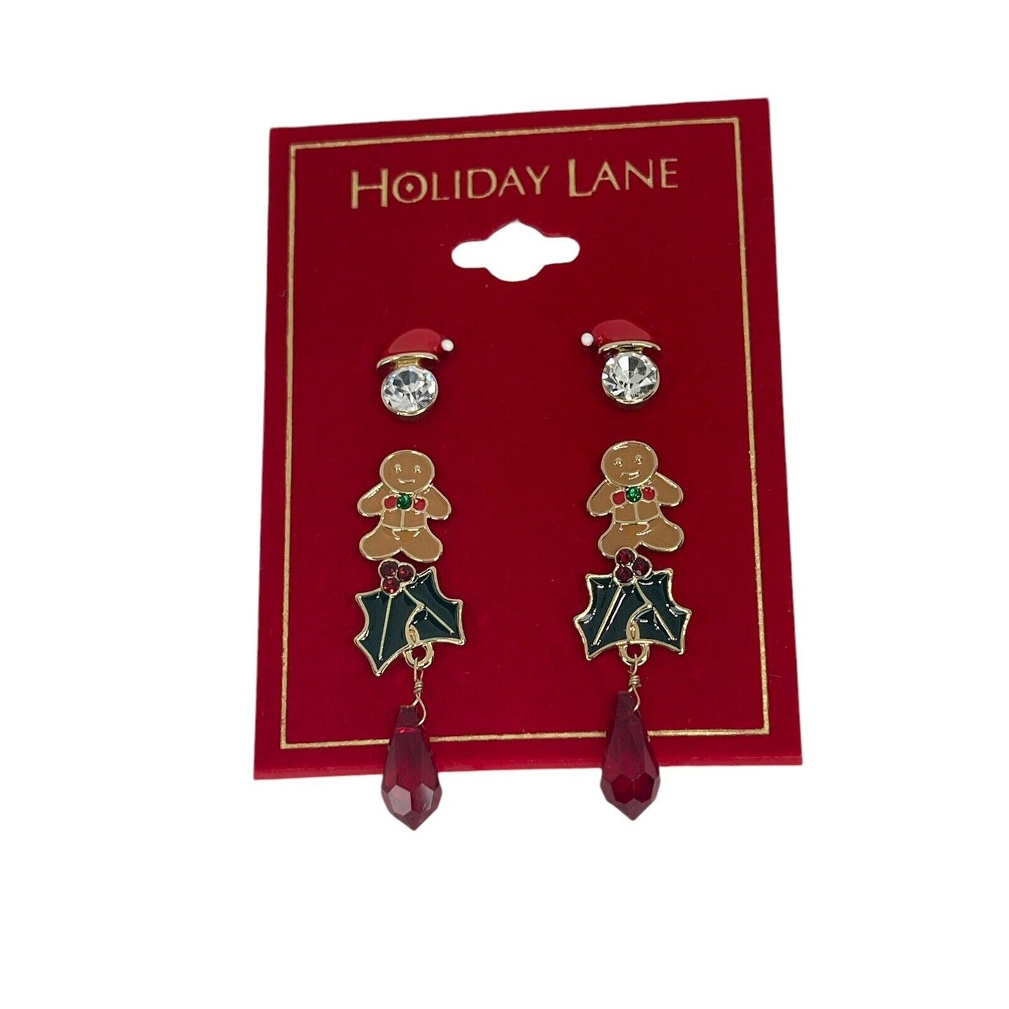 Gold Tone Xmas Crystal Earrings 3pc Set Gingerbread Man Santa Christmas Holidays