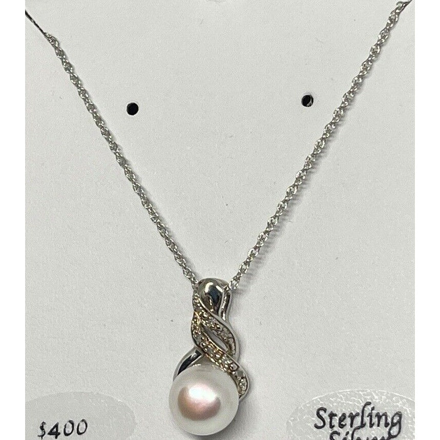 Natural Diamond Pearl (9mm) Necklace Sterling Silver Luxury Fashion Chic Elegant