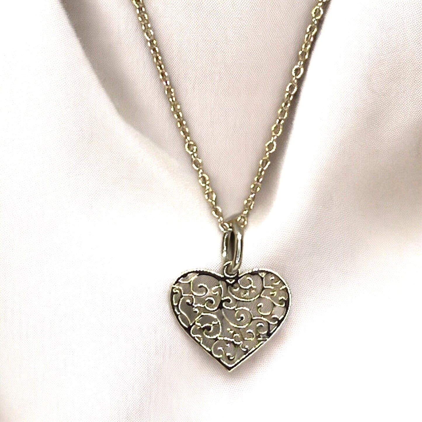 Sterling Silver Heart Filigree Pendant Necklace Open Work Style Fashion Stunning