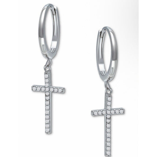 Sterling Silver CZ Cross Earrings Drop Style Faith Chic Minimal Fashion Elegant