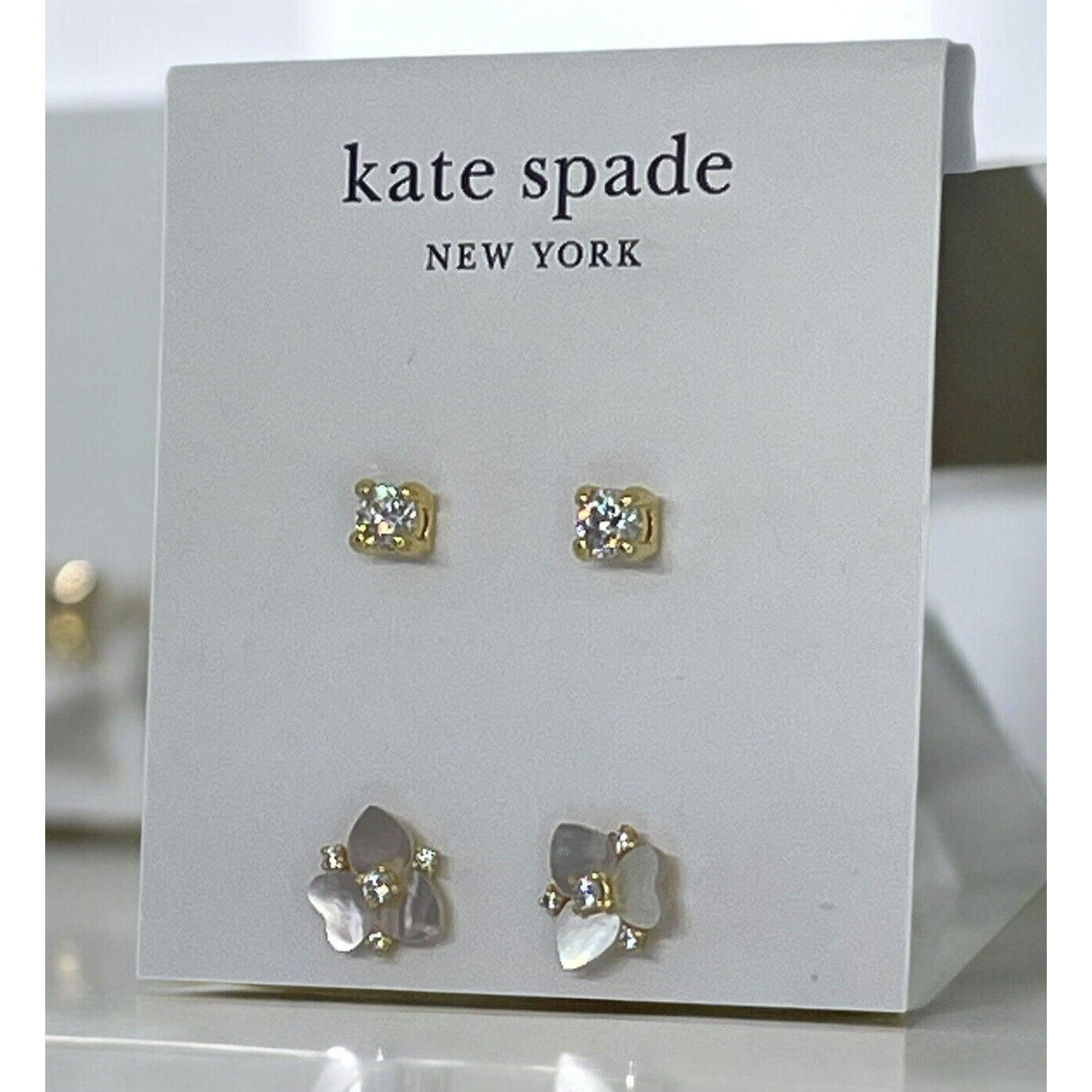 Kate Spade Mother Of Pearl CZ Pansy Earrings (2pc Set) Gold Tone Chic Trendy NWT