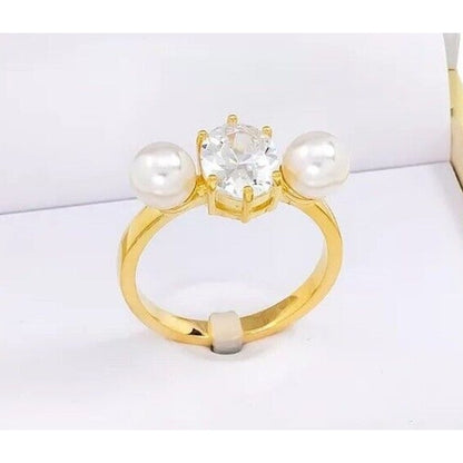 Gold Plated Double Faux Pearl CZ Ring (Sz 5) Stunning Stylish Fashion Trendy NWT