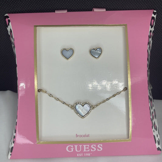 Guess Gold Tone Crystal Halo Heart Bracelet Earrings (2pc Set) Chic Trendy Vday