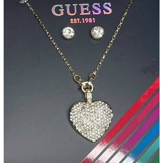 Guess Gold Tone Heart Charm Necklace Earrings 3pc Set Travel Case Trendy Chic