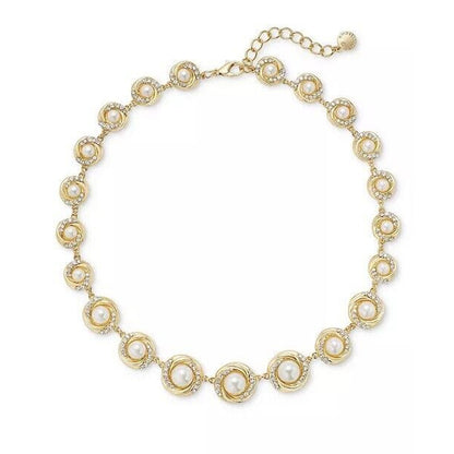 Gold Tone Faux Pearl Halo Crystal Necklace Trendy Statement Chic Elegant Fashion