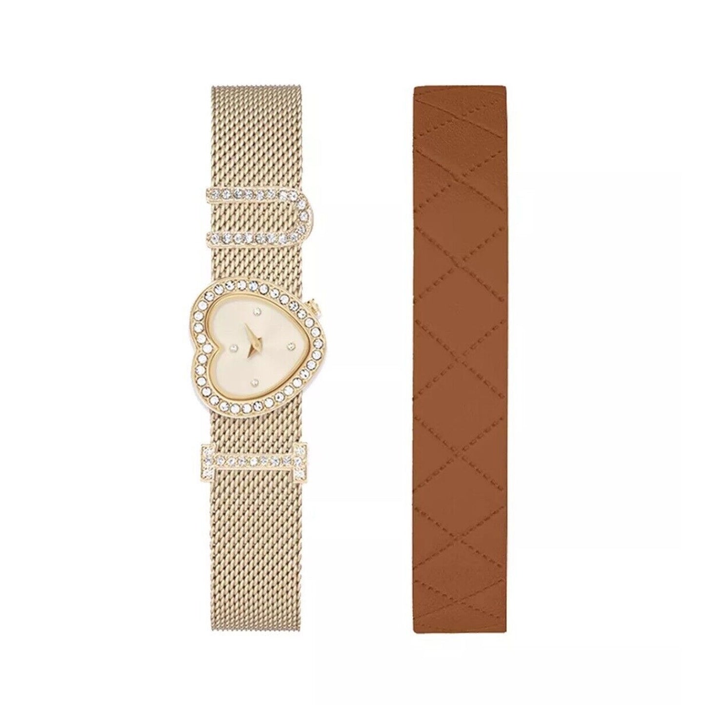 Gold Tone Crystal Heart Watch (2pc Band Set) Chic Elegant Fashion Stylish Vday