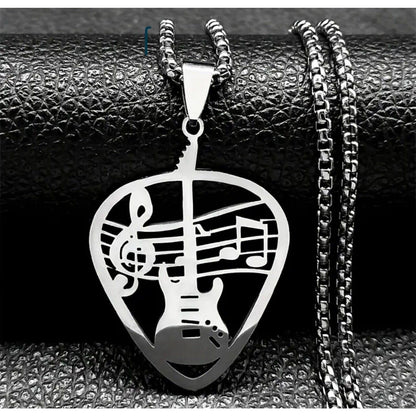 Silver Tone Stainless Steel Guitar Pendant Necklace Music Fashion Style Unisex