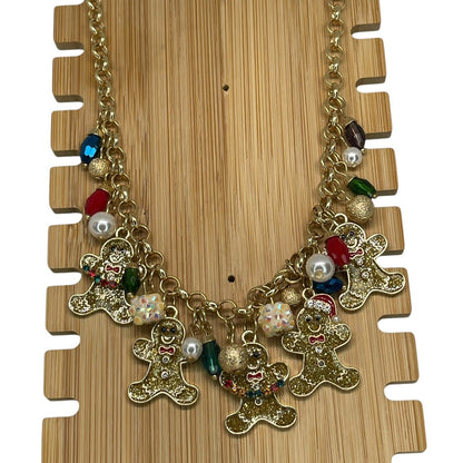 Gold Tone Faux Pearl Gingerbread Man Necklace Christmas Holiday Elegant Xmas NWT