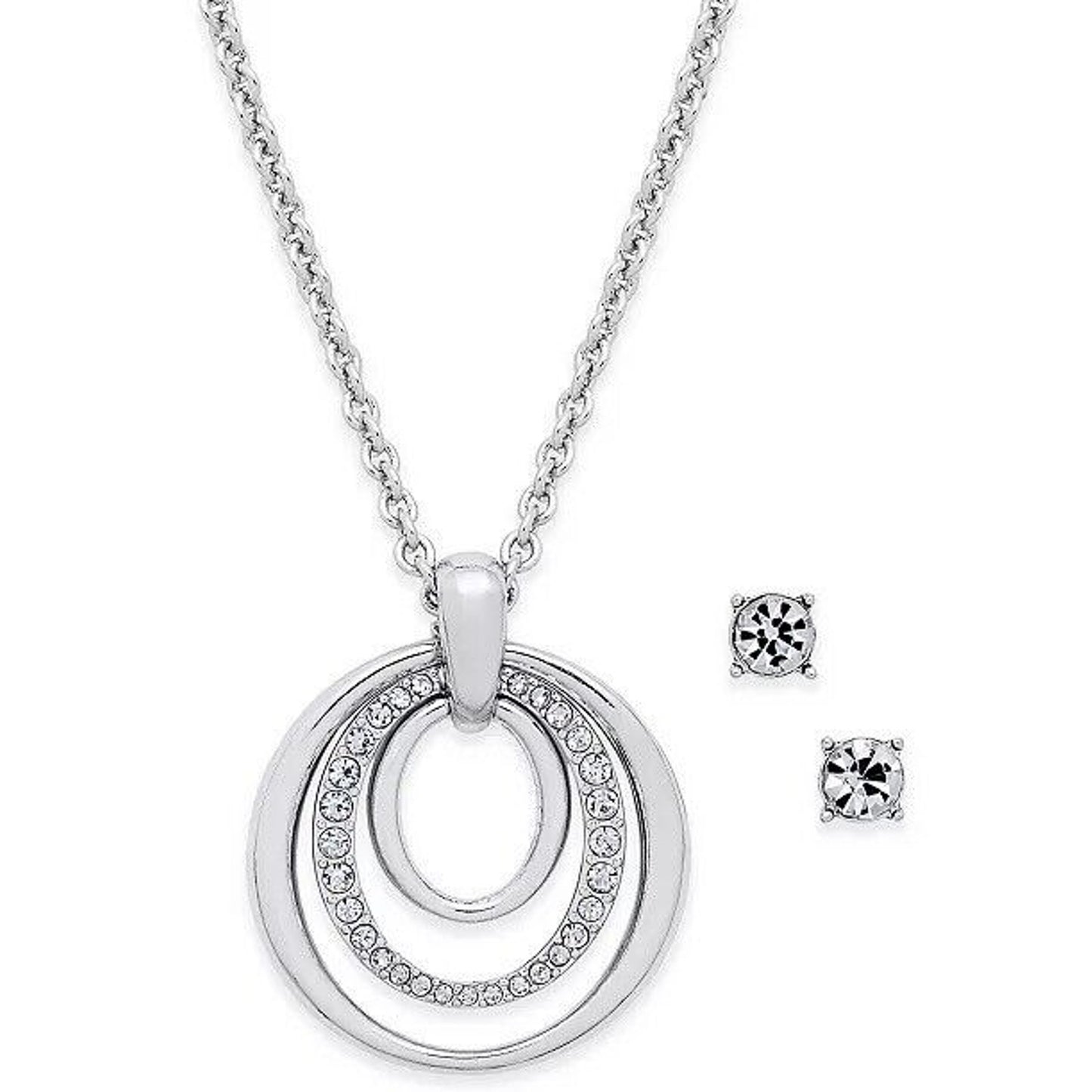 Silver Tone Crystal Circle Pendant Necklace Earrings (2pc Set) Chic Trendy Style