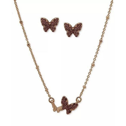 Anne Klein Gold Tone Crystal Butterfly Necklace Earrings (2pc Set) Chic Trendy